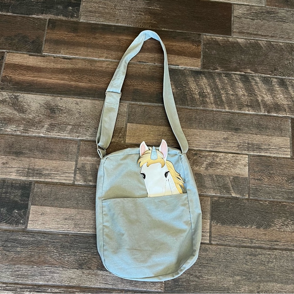 Sleepyville Critters khaki gray unicorn crossbody messenger bag
